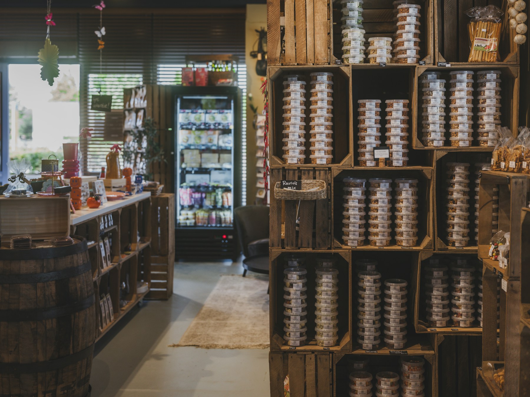 Shelves of specialty foods inside an independent neighborhood shop